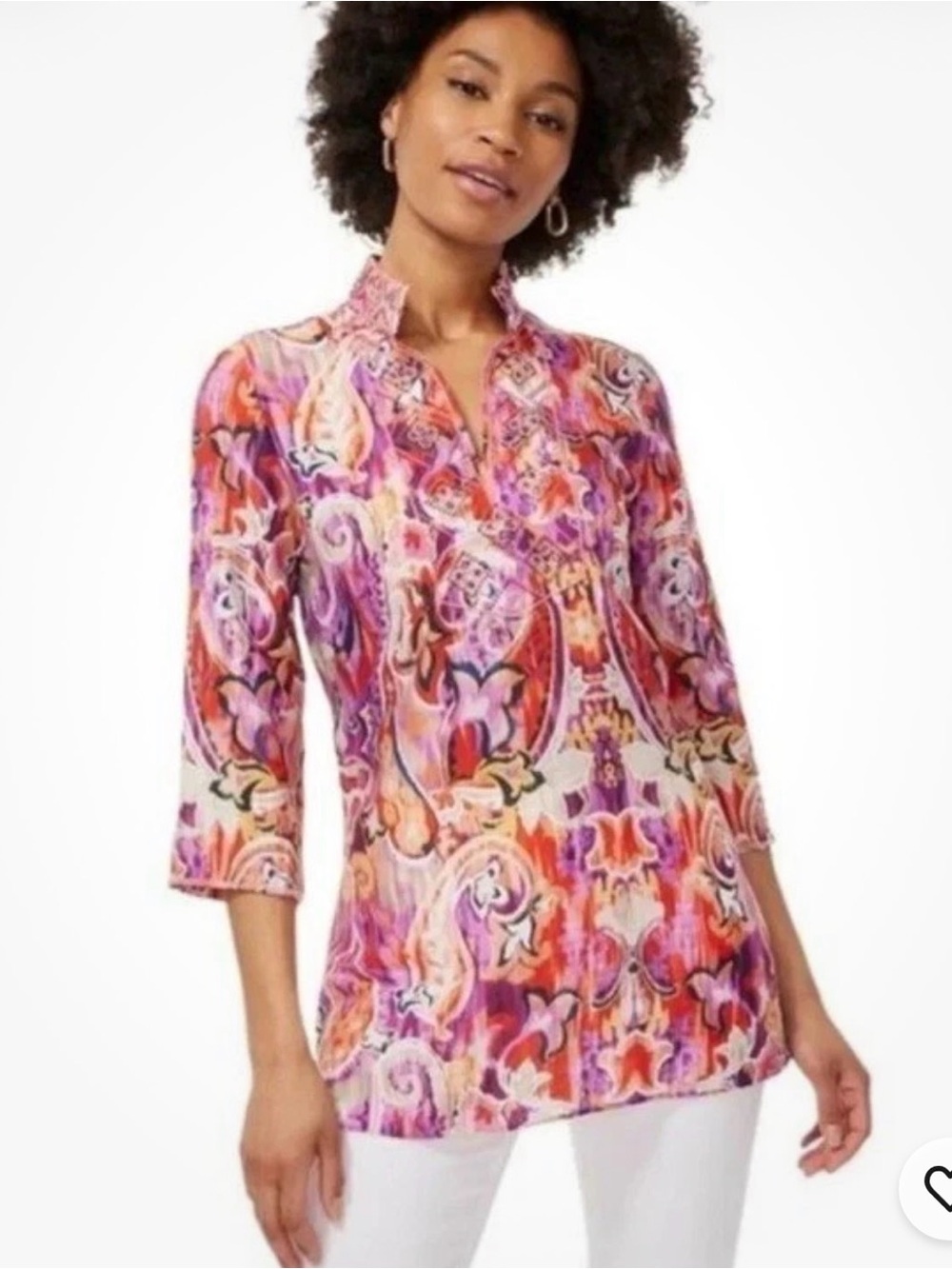 Chico's Paisley Ikat Beaded Tunic Top Orange Pink Purple Blouse Size 2 US 12